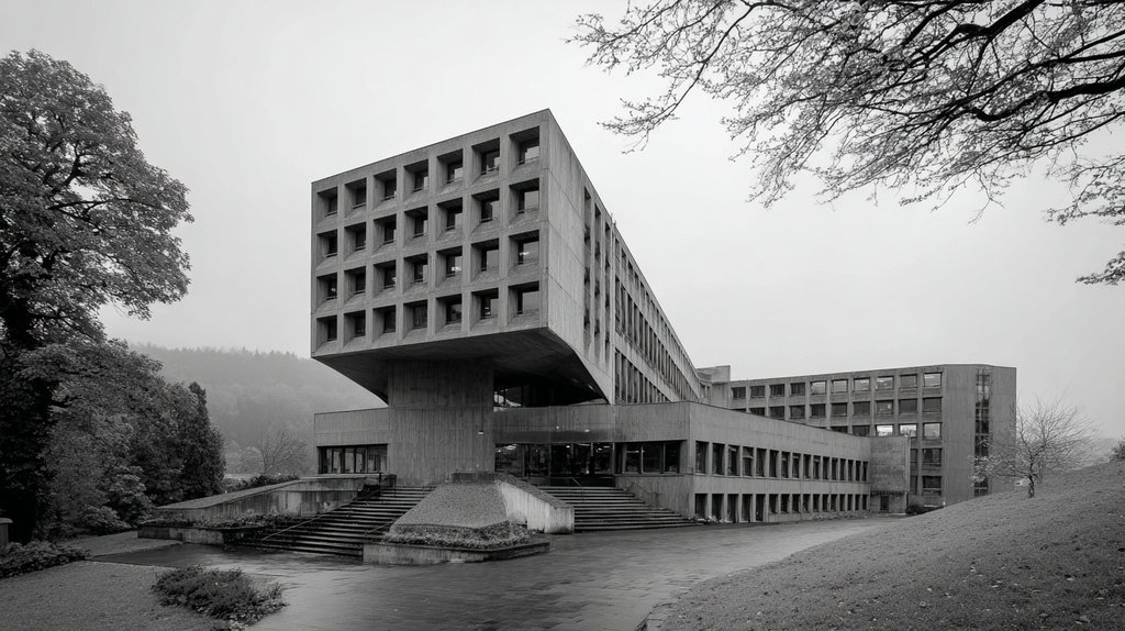 HfG Ulm campus, brutalist concrete on a hill, Otl Aicher grid, morning light