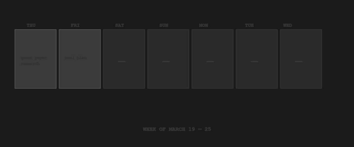 Week view — two active days, five empty