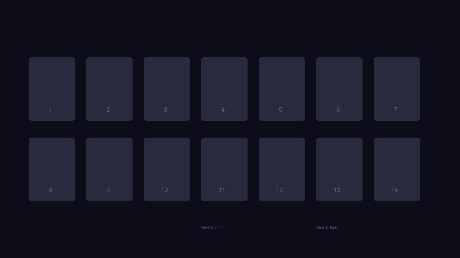 Two weeks — fourteen cells, two rows of seven